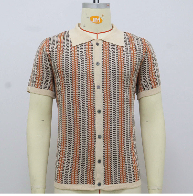 Men's Summer New Striped Jacquard Knitted Polo Shirt