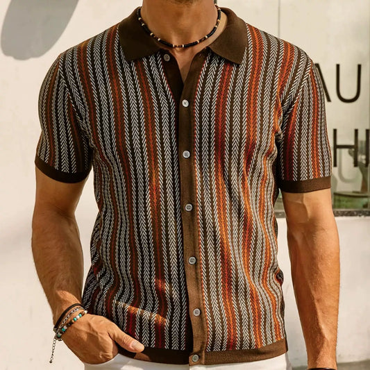Men'S Knit Vintage Short Sleeve Button Polo Shirt