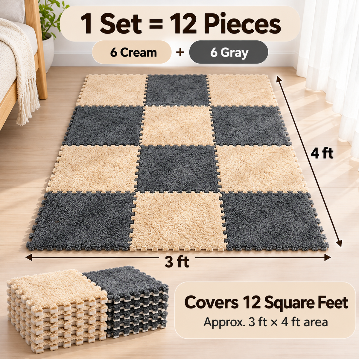 Soft Washable Foam Splicing Tiles Carpet (১২ পিস — ৩ ফুট × ৪ ফুট ঢাকবে)