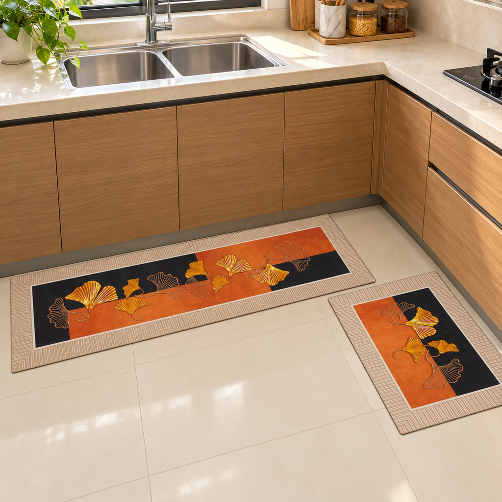 GinkgoNest Golden Leaf Anti-Slip Kitchen Floor Mat Set (2 Pieces)