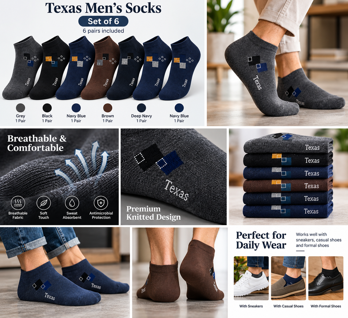 Texas Antimicrobial Breathable Men's Ankle Socks (Set of 6 Pairs)