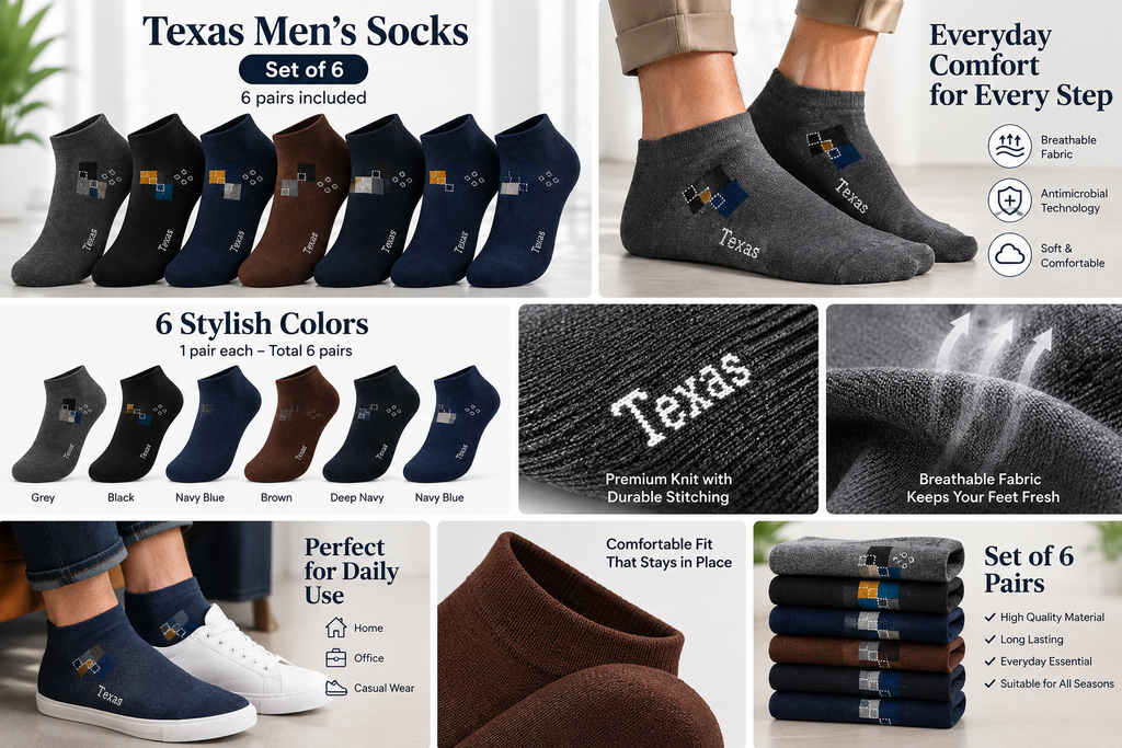 Texas Antimicrobial Breathable Men's Ankle Socks (Set of 6 Pairs)