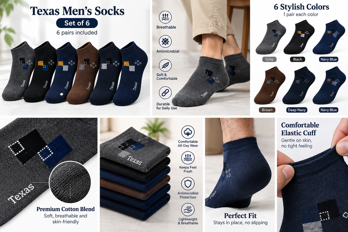 Texas Antimicrobial Breathable Men's Ankle Socks (Set of 6 Pairs)