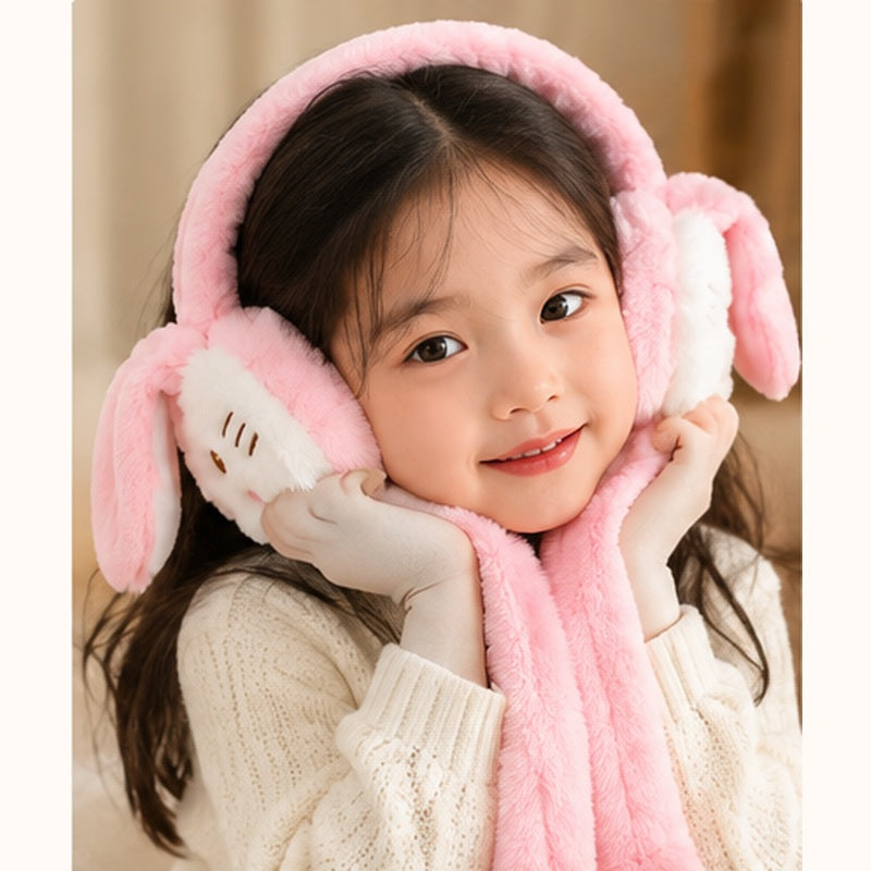 Pink bunny earmuff worn for winter ear coverage