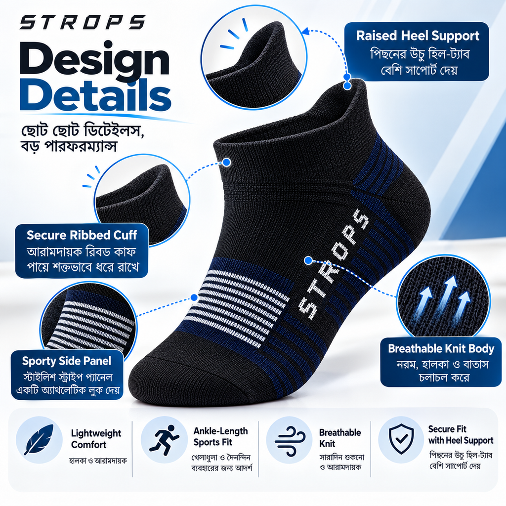 Raised rear heel tab, ribbed cuff, stripes and branding close-up