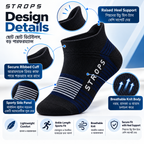 Raised rear heel tab, ribbed cuff, stripes and branding close-up