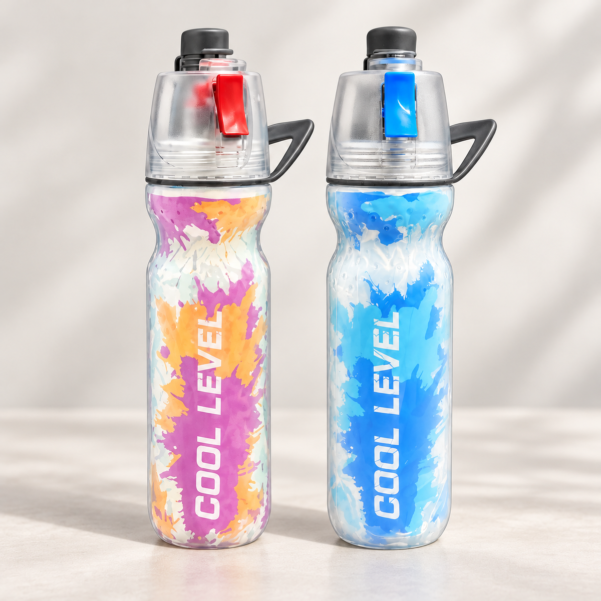Pink and Blue Spray Cool Sports Water Bottle realistic studio view