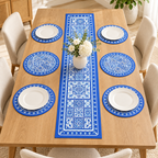 Blue Floral five foot runner with six 11 inch round dinner placemats