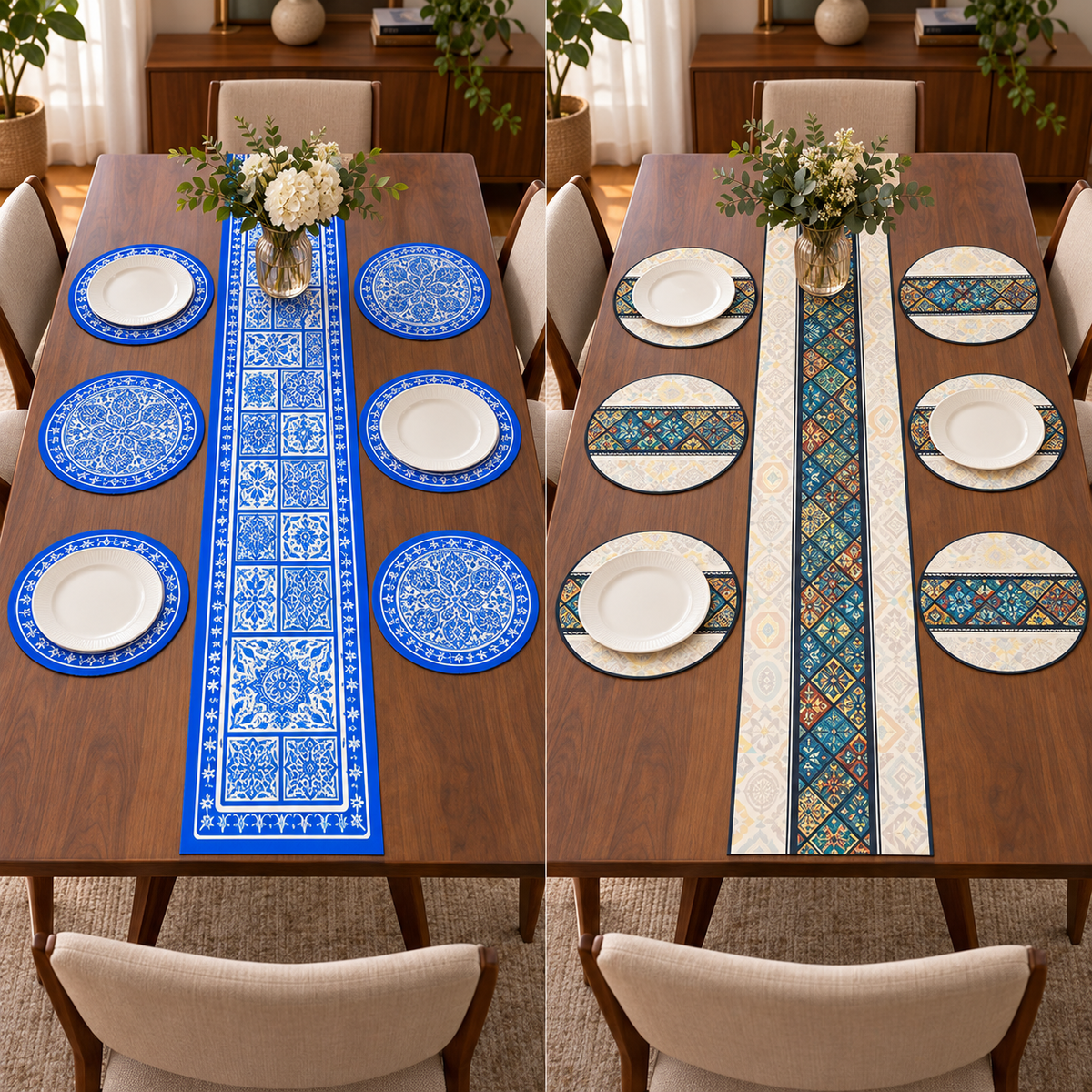 Blue Floral and Multicolor Geometric dining table designs with large round placemats