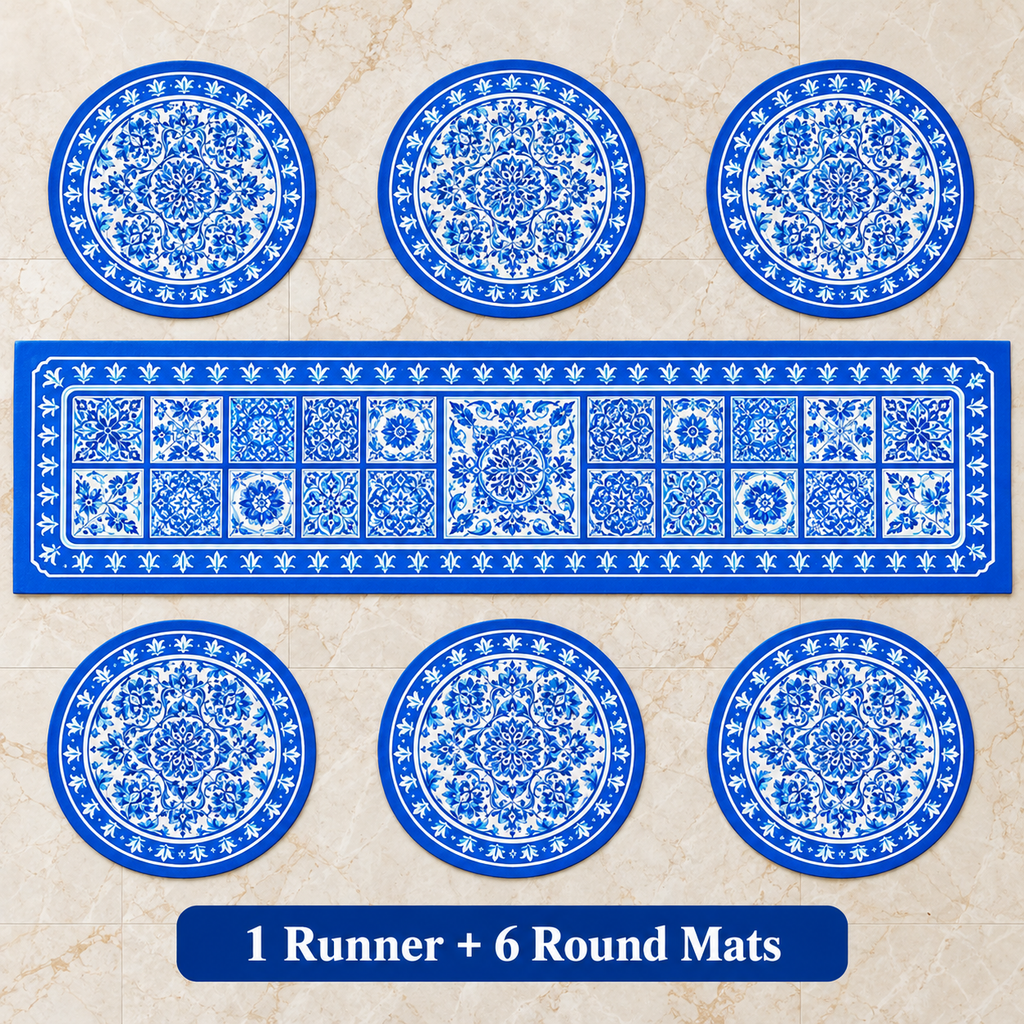 Seven piece set one five foot runner and six large round dinner mats