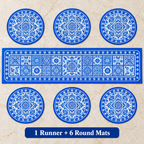 Seven piece set one five foot runner and six large round dinner mats