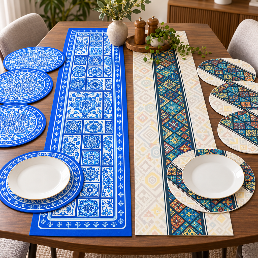 Dinner plate fit and printed surface detail of large round mats