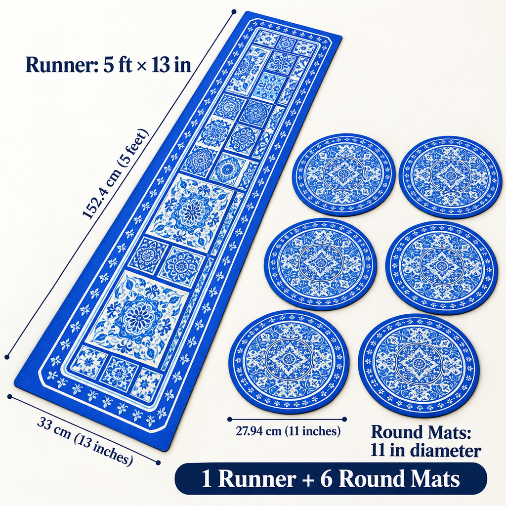 Runner five feet by thirteen inches and six round mats eleven inch diameter