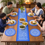 Bangladeshi family eating with Blue Floral runner and six round dinner mats