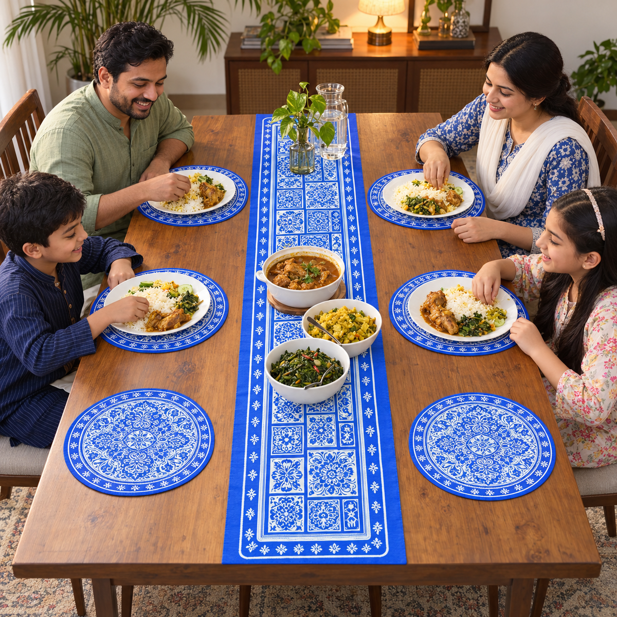 Bangladeshi family eating with Blue Floral runner and six round dinner mats