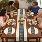 Bangladeshi family dining with geometric table runner and 11 inch round mats