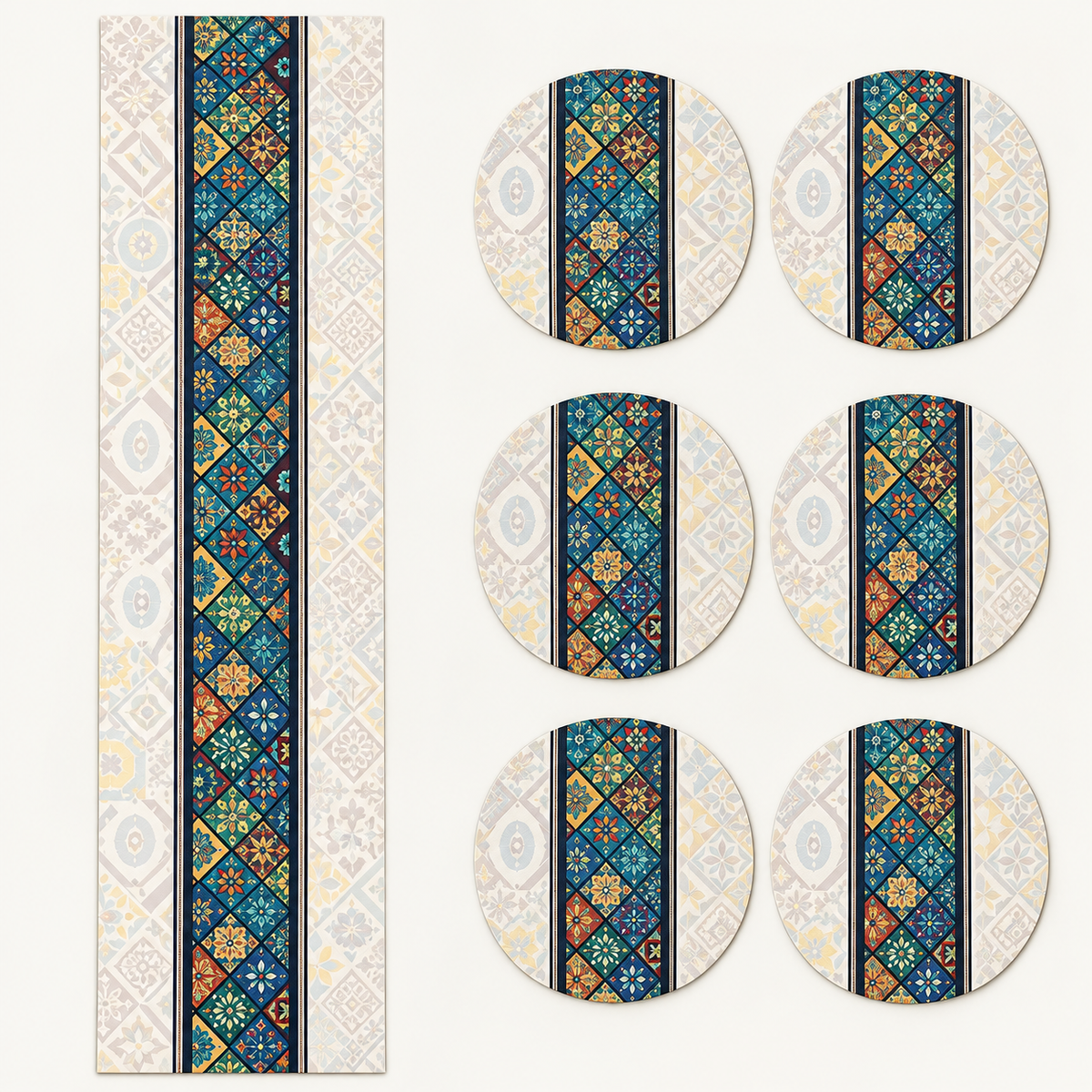 Multicolor Geometric only one runner and six matching 11 inch round mats