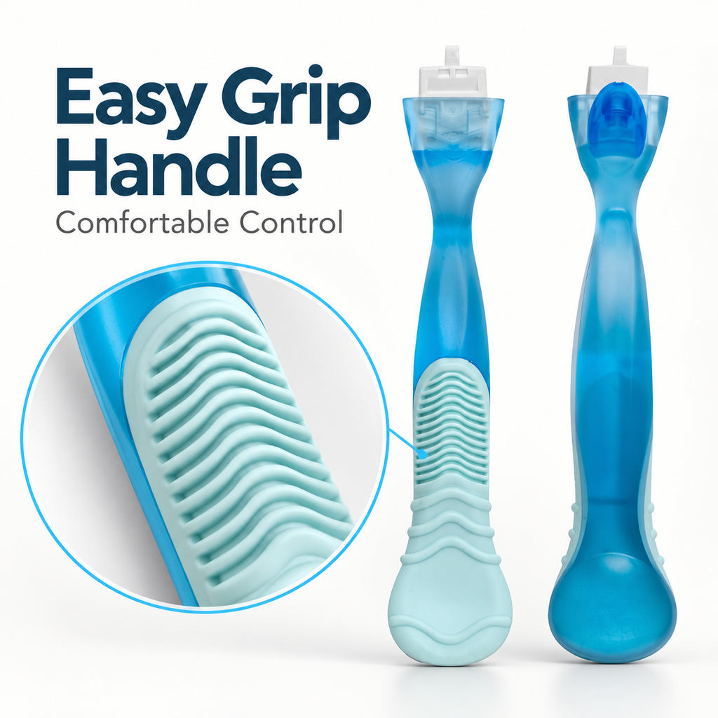 Textured easy grip handle detail of blue shaving razor