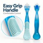 Textured easy grip handle detail of blue shaving razor