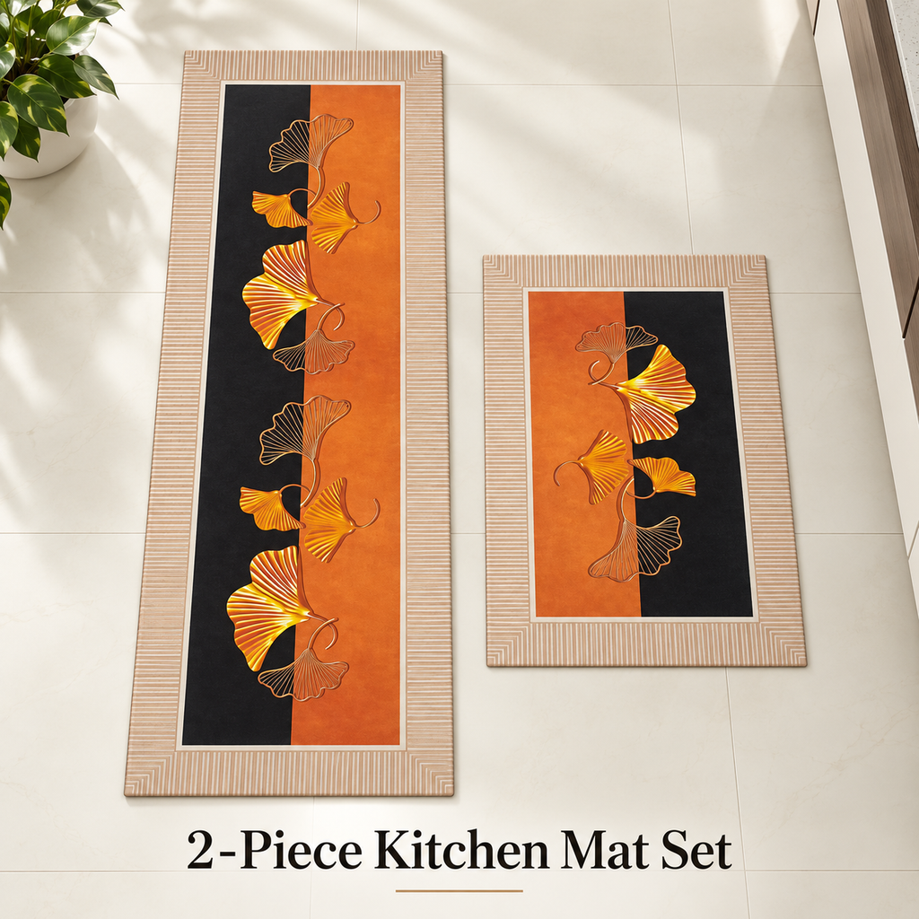 Golden ginkgo leaf two piece kitchen mat set