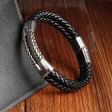 Genuine Leather Double Wrap Steel Bracelet