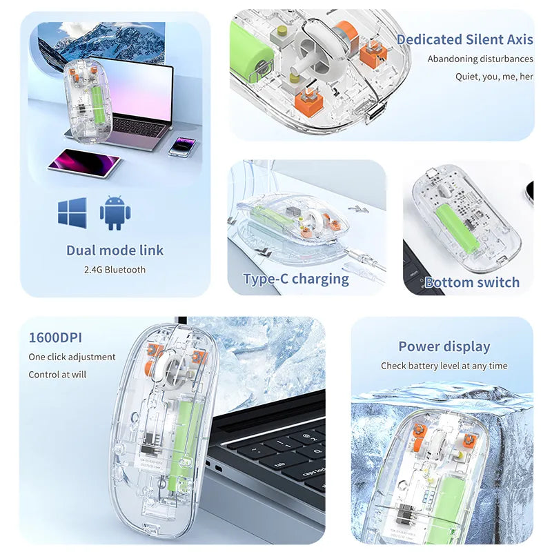 Transparent Silent Dual-Mode Bluetooth Wireless Optical Mouse