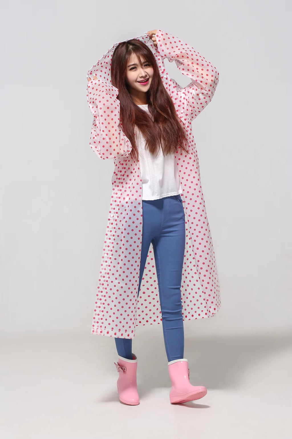 Transparent Floral Print Long Hooded Raincoat