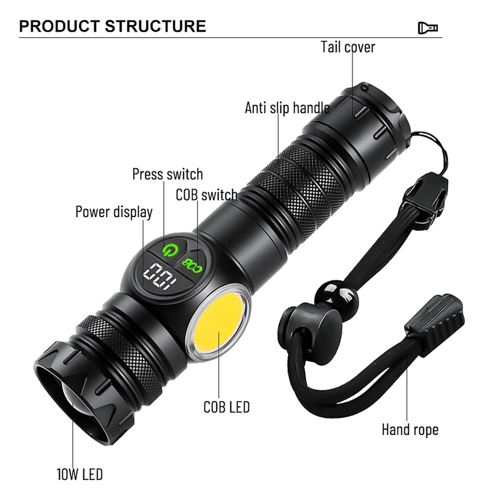 Rechargeable COB LED Tactical Flashlight Torch