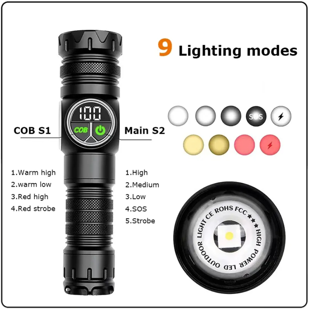 Rechargeable COB LED Tactical Flashlight Torch