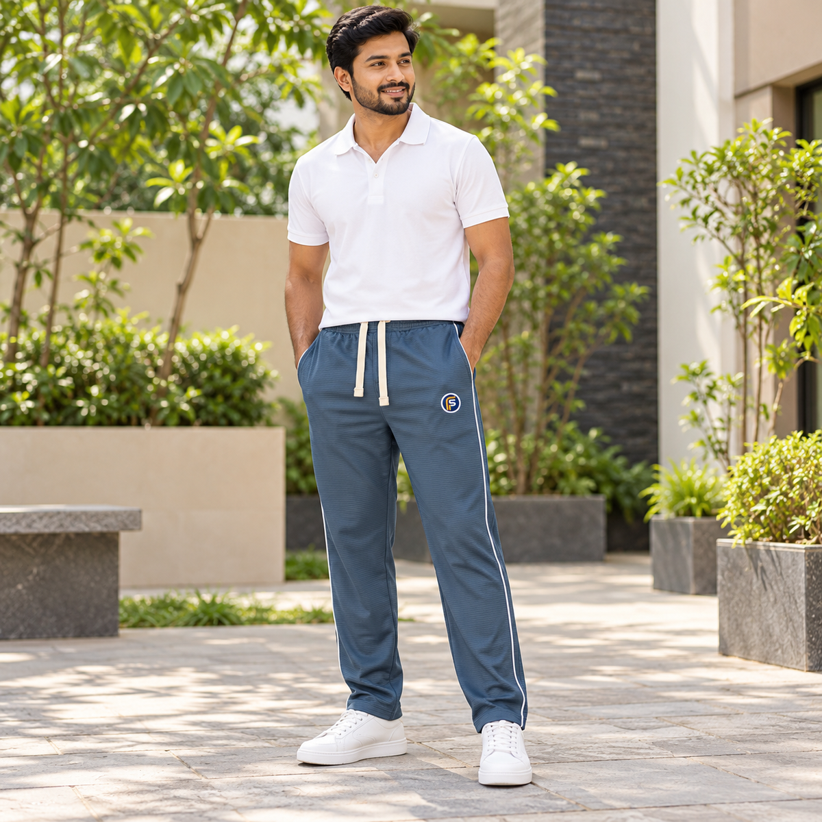 Slate Blue trousers on Bangladeshi model outdoors