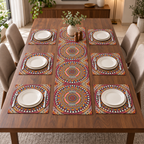 Mandala runner and six rectangular dinner placemats on dining table