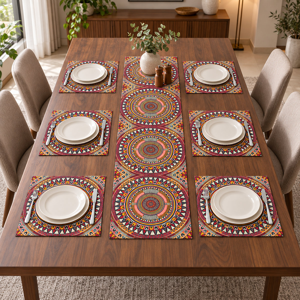 Mandala runner and six rectangular dinner placemats on dining table