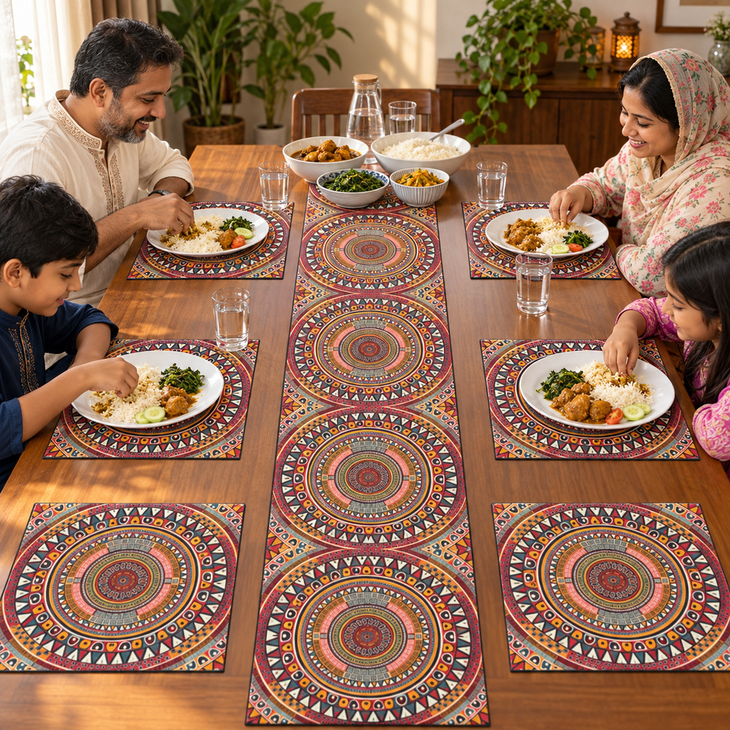 Bangladeshi family dining with MandalaNest runner and six rectangular mats