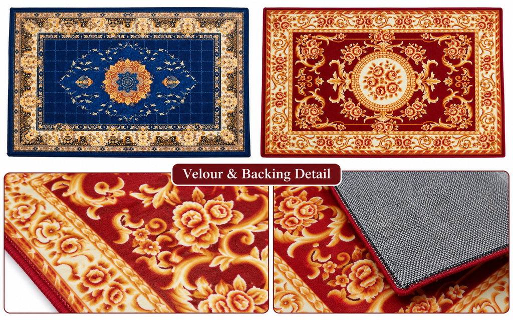 Velour print edge and woven backing detail
