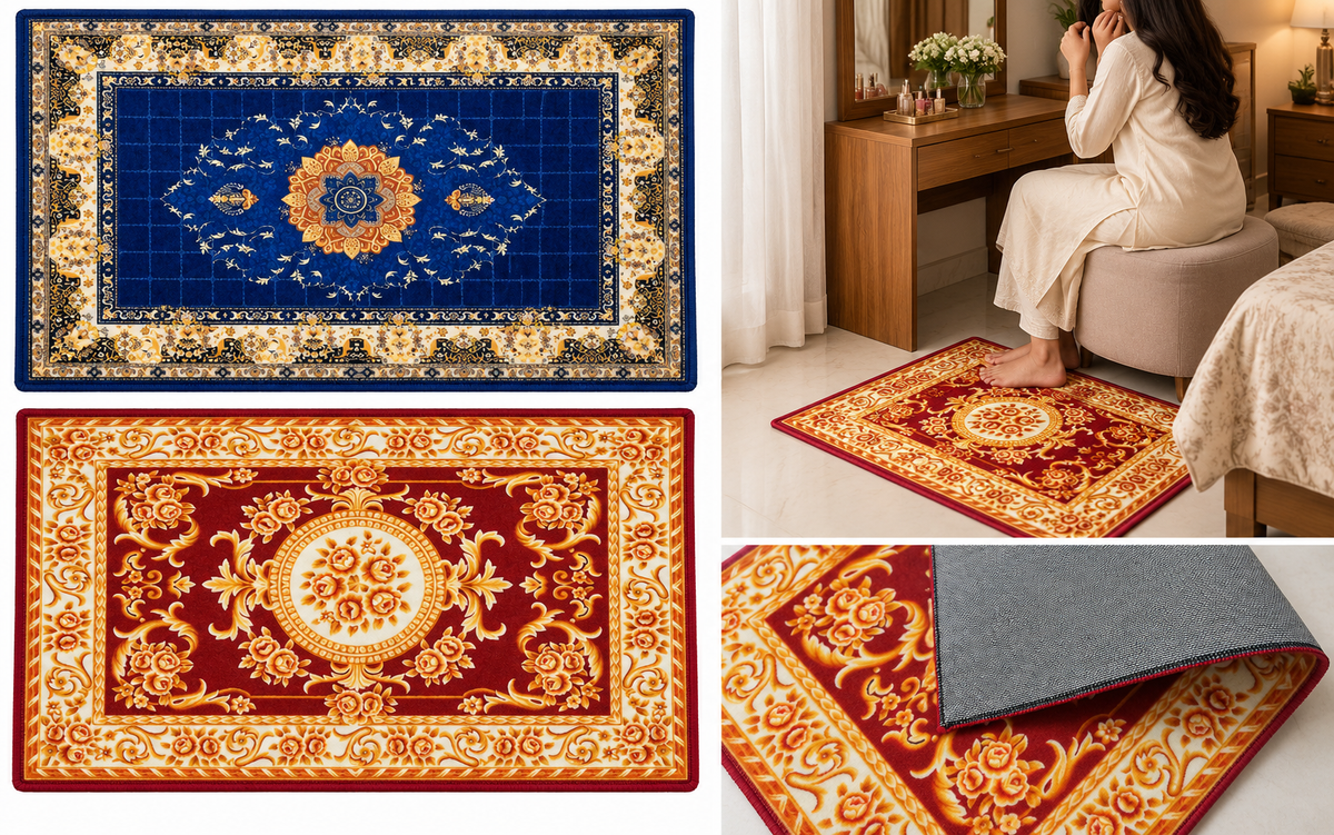 Burgundy Floral mat beside dressing table