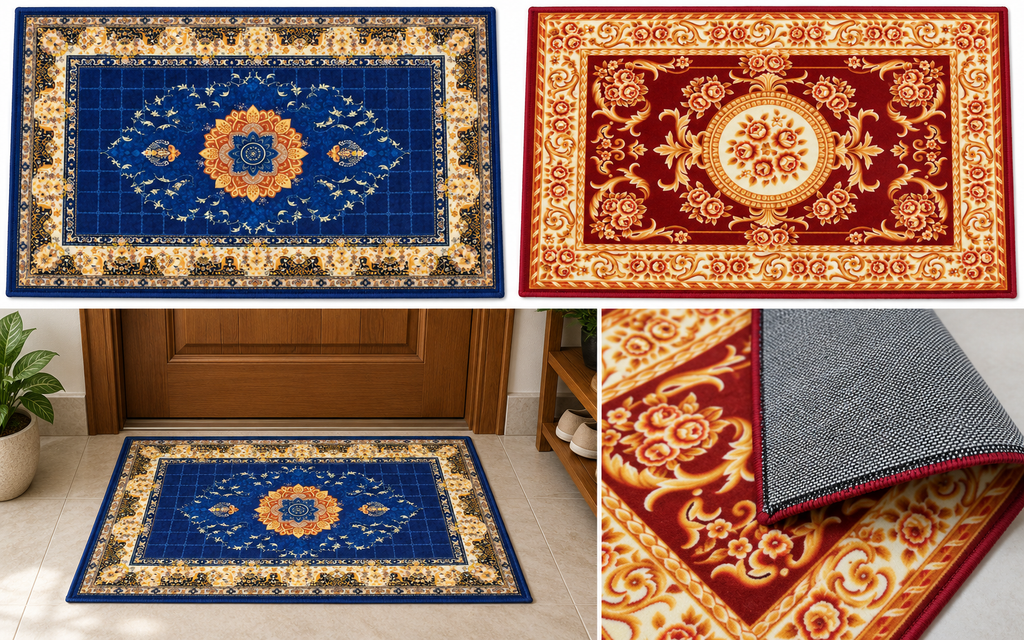 Navy floor mat in dry indoor entryway