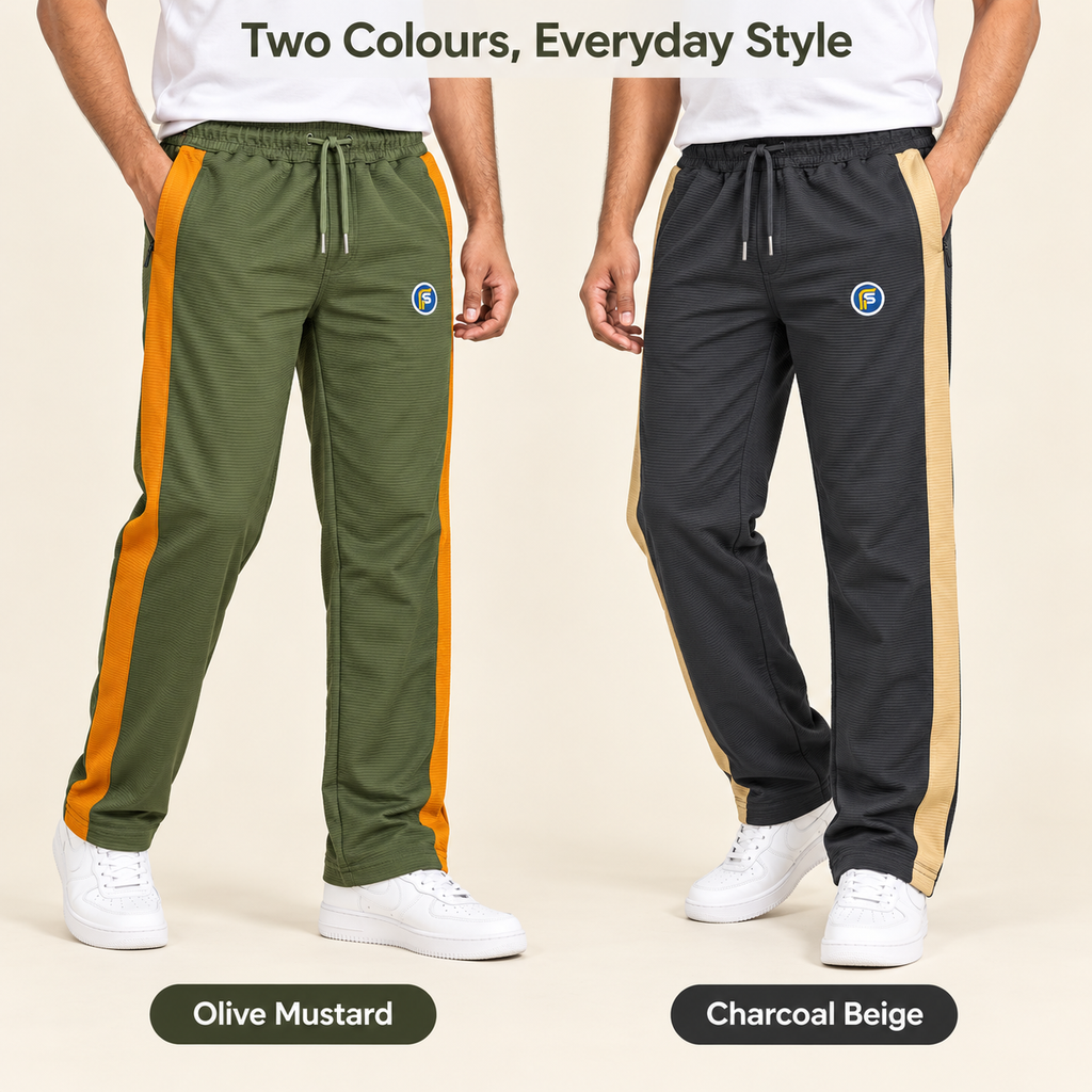 StrideEase Olive Mustard and Charcoal Beige side-stripe trousers