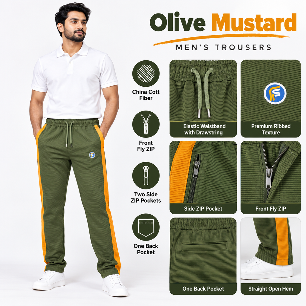 Olive Mustard trousers with side zip pockets and front fly zip
