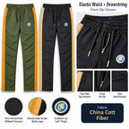 Elastic waistband drawstring and separate front fly zip, two side zip pockets