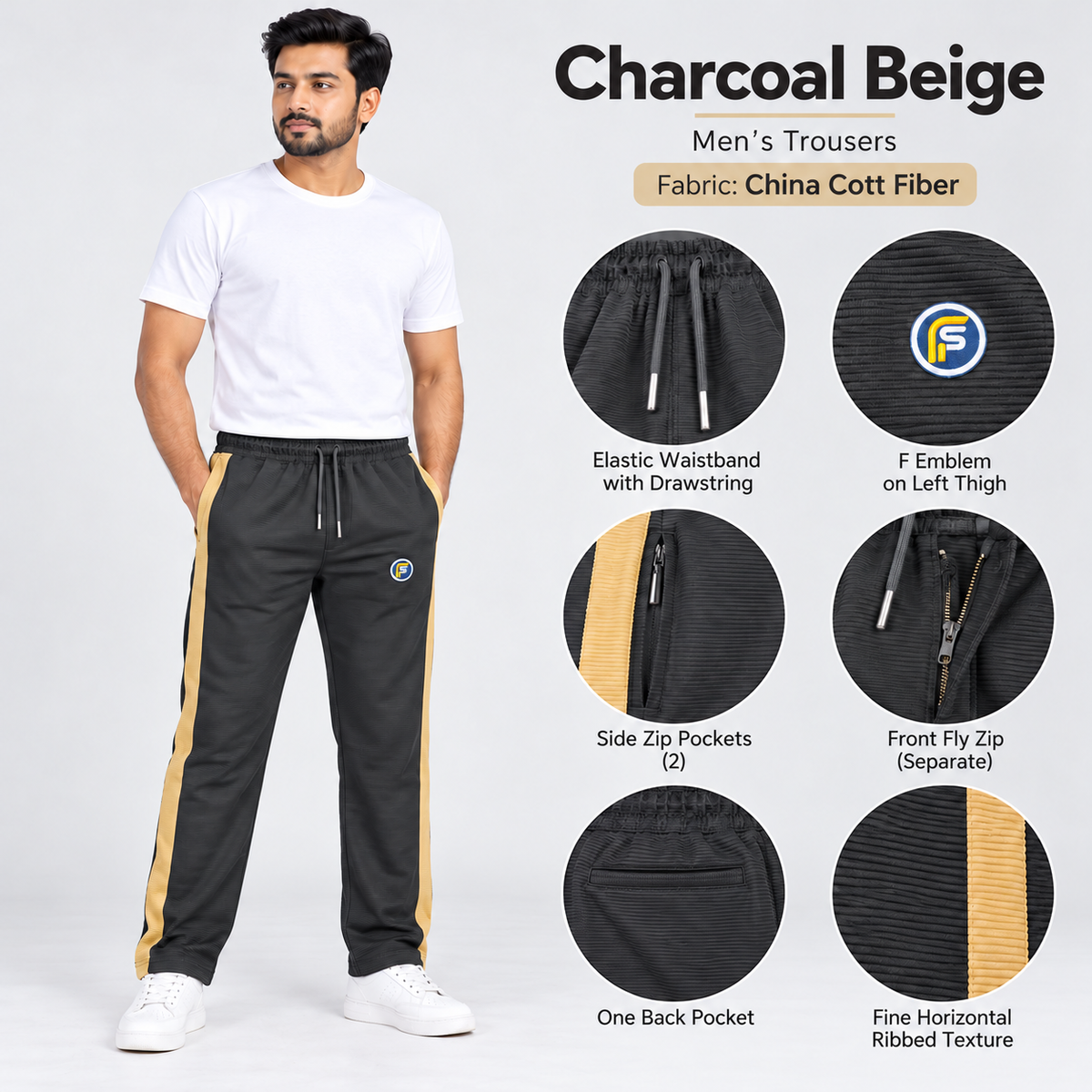 Charcoal Beige ribbed side stripe trousers with zipped side pockets