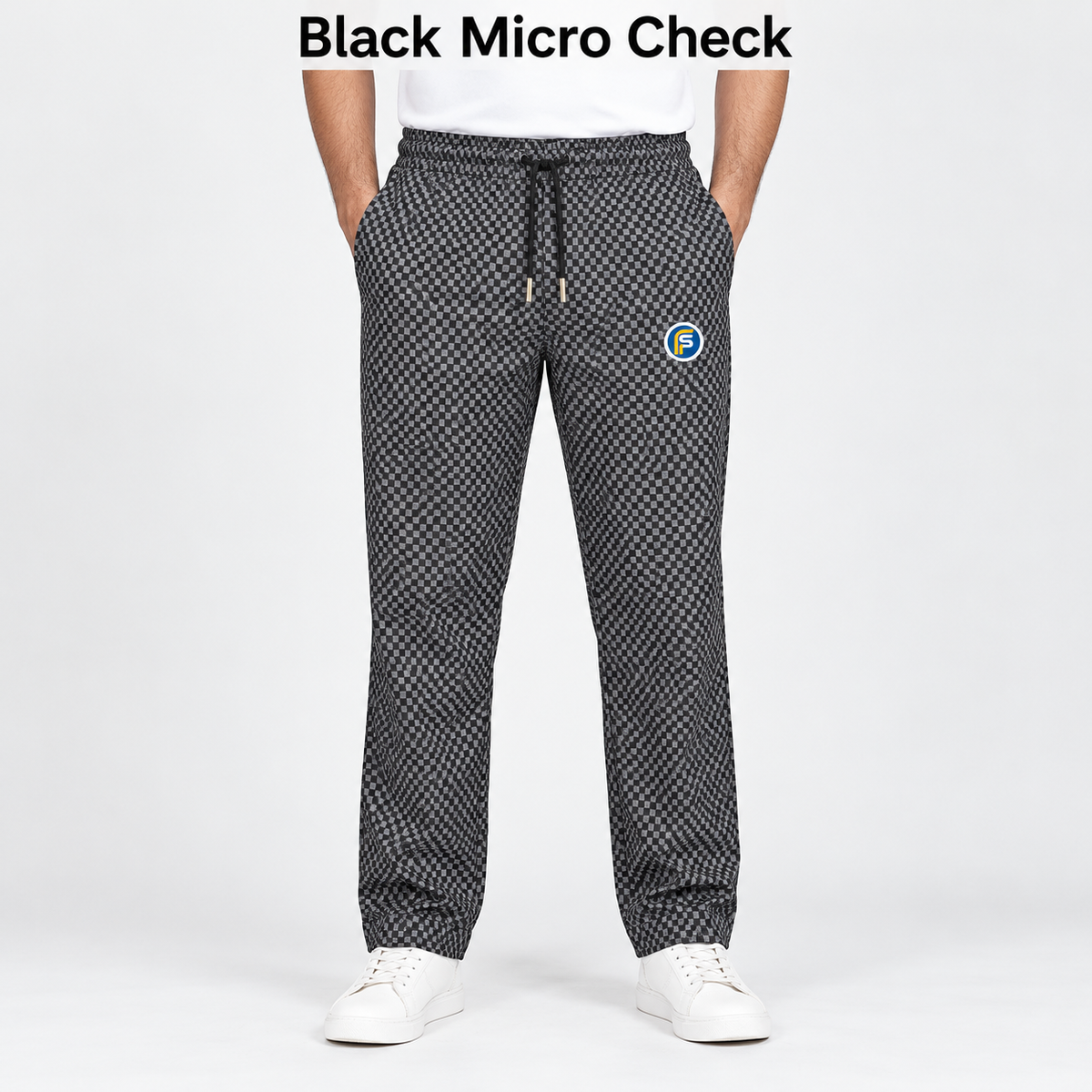 UrbanEase Black Micro Check trousers front view