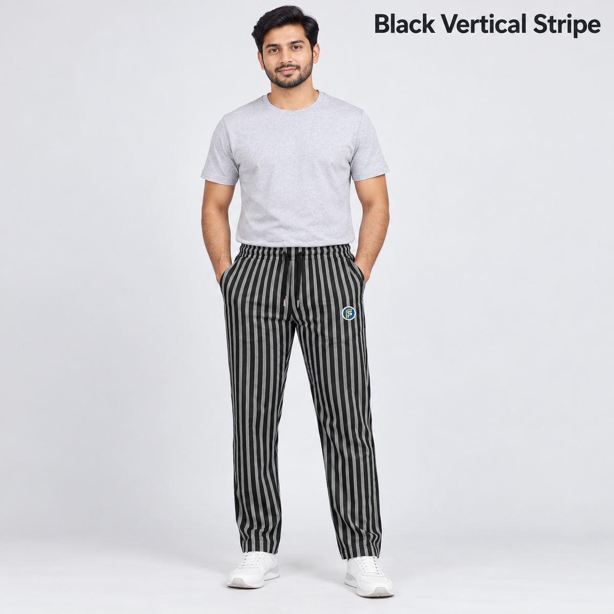UrbanEase Black Vertical Stripe trousers front view