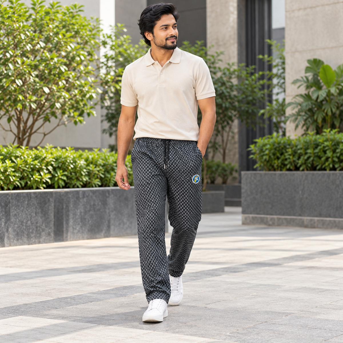 Bangladeshi model wearing Black Micro Check trousers outdoors