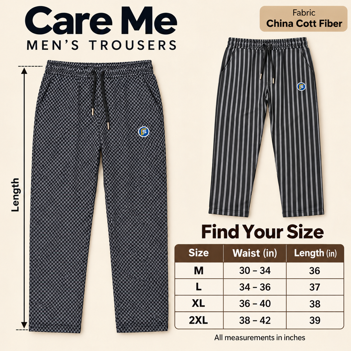 Size chart in inches M waist 30-34 length36; L34-36 length37; XL36-40 length38; 2XL38-42 length39