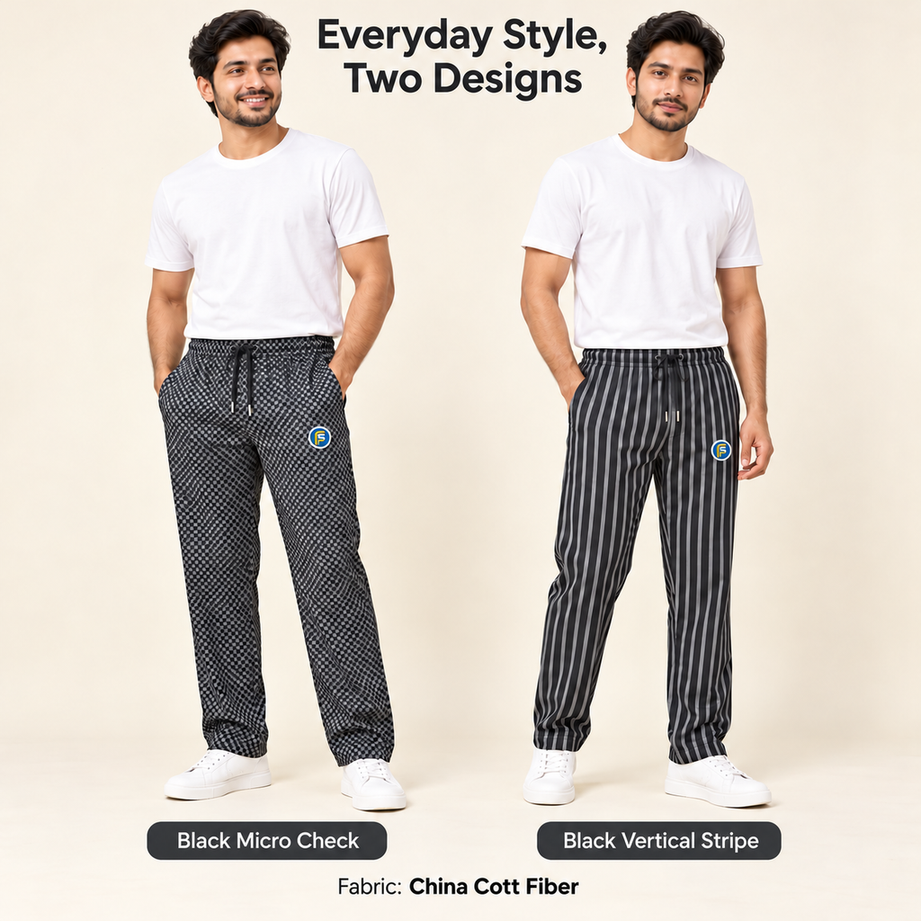 UrbanEase China Cott Fiber trousers in Black Micro Check and Black Vertical Stripe