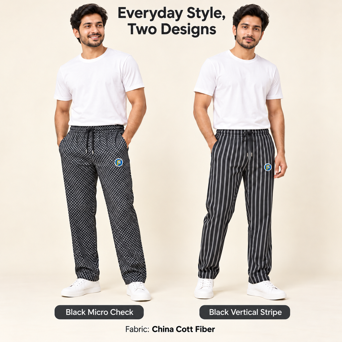 UrbanEase China Cott Fiber trousers in Black Micro Check and Black Vertical Stripe