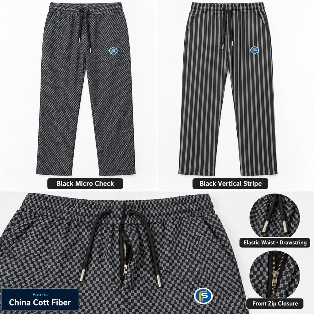 Elastic waistband drawstring and front zip closure details