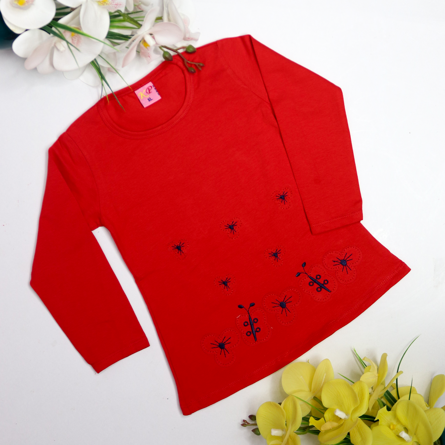 Flower Stitched Full Sleeve Girls T-shirt