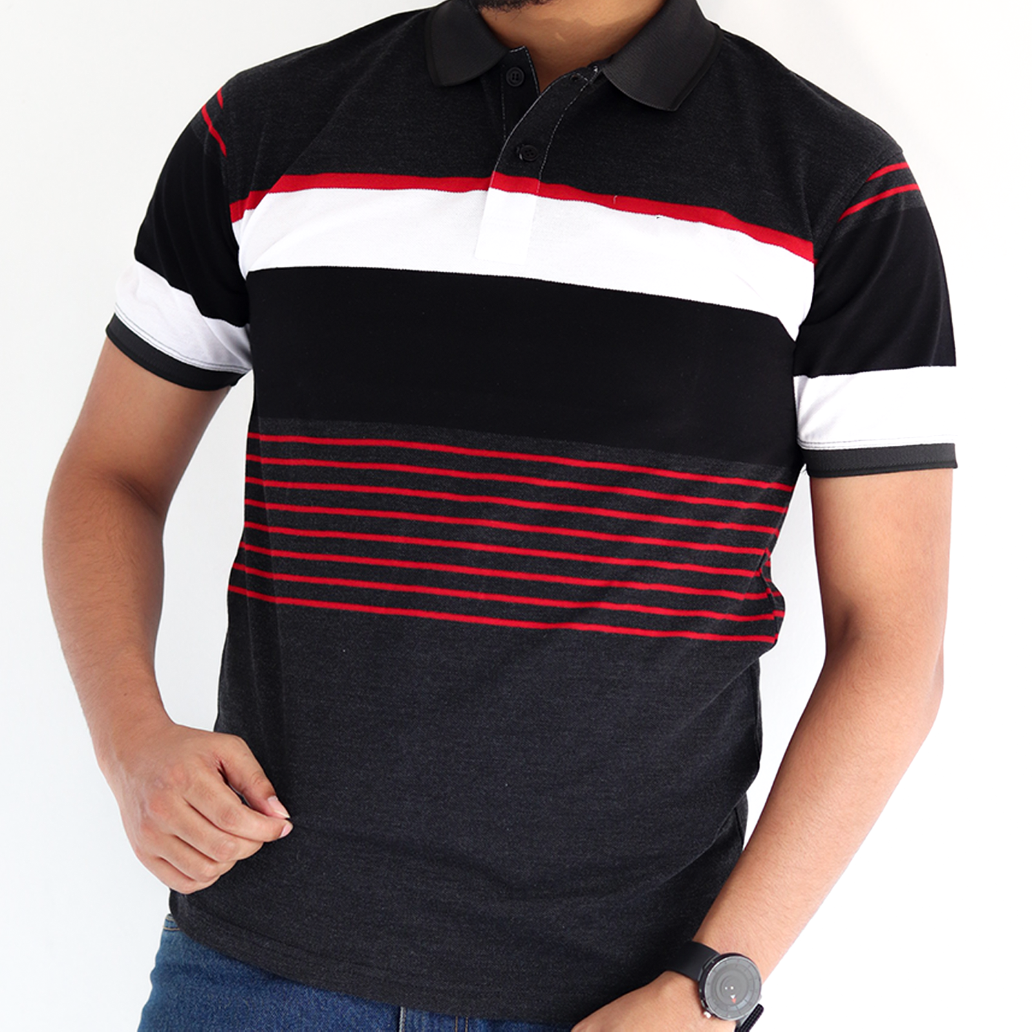 Black Regular Fitted Stripped Men's Polo T-shirt