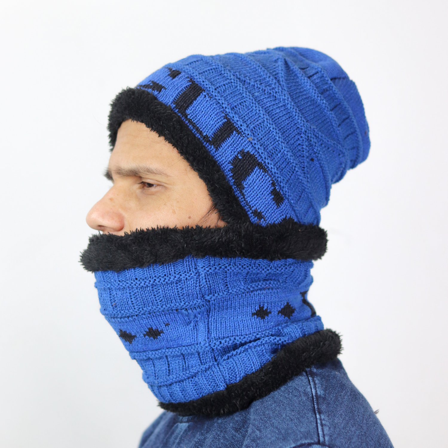 Wool Knitted Beanie with Neck Scarf